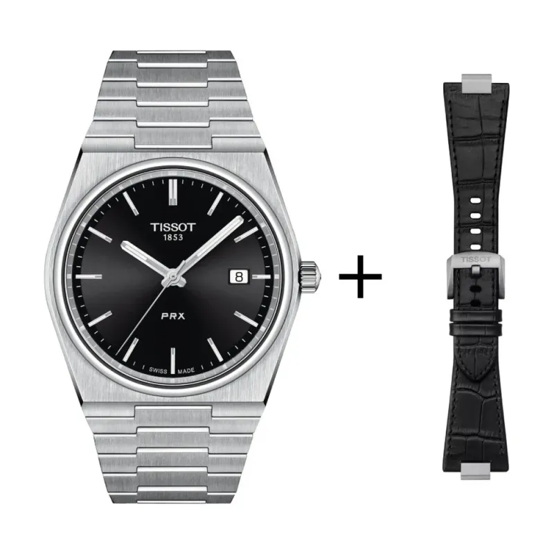 Tissot PRX Herrenuhr Quarz schwarz T137.410.11.051.00 Set mit schwarzen Lederband Krokooptik