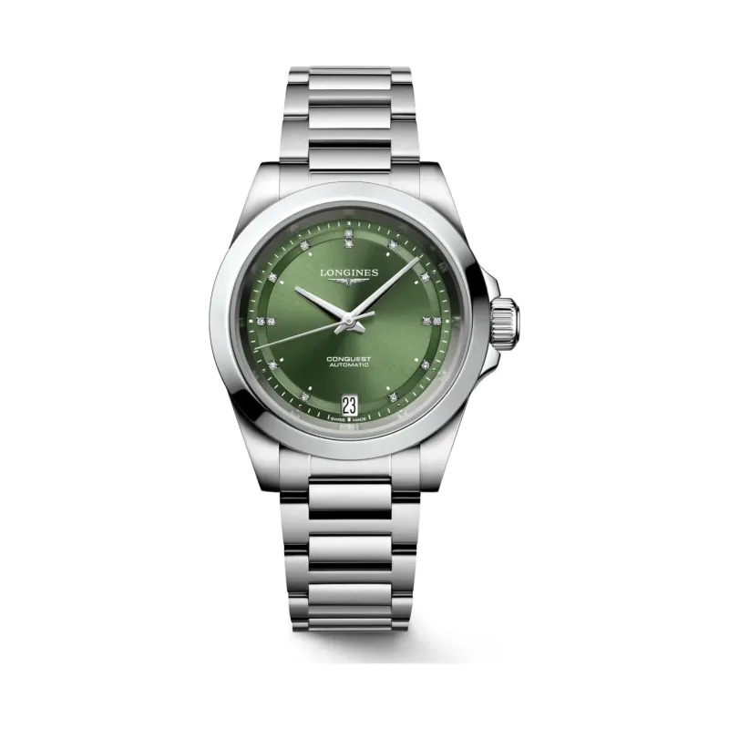 Longines Conquest Grün Diamanten Edelstahlband 34 mm Damenuhr L3.430.4.07.6