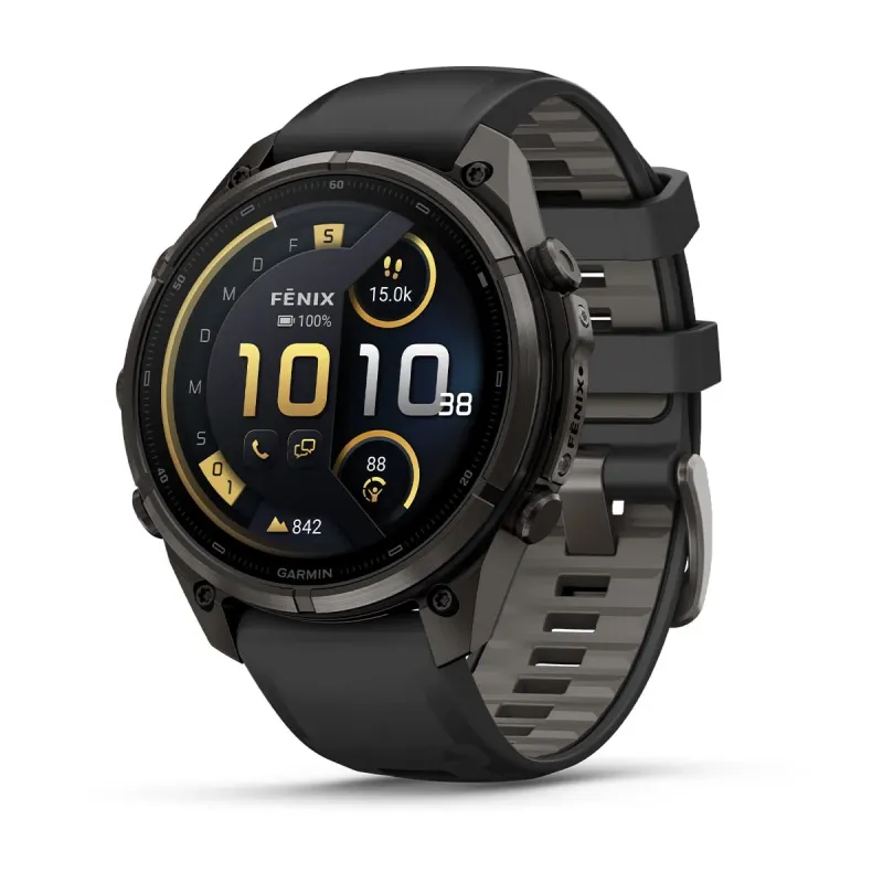 Garmin fēnix® 9 Pro inReach® - 47 mm AMOLED Sapphire Carbongrau DLC Titan mit Silikon-Armband Schwarz/Kieselgrau 010-04336-11