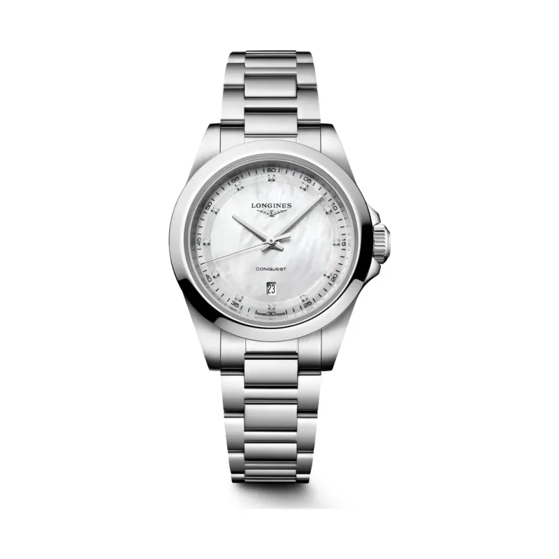 Longines Conquest Perlmutt Diamanten Edelstahlband 30 mm Damenuhr L3.350.4.87.6