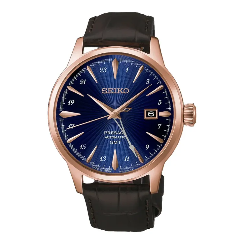Seiko Presage Cocktail Time GMT Automatik 40 mm Lederband Blau Herrenuhr HCB005J1