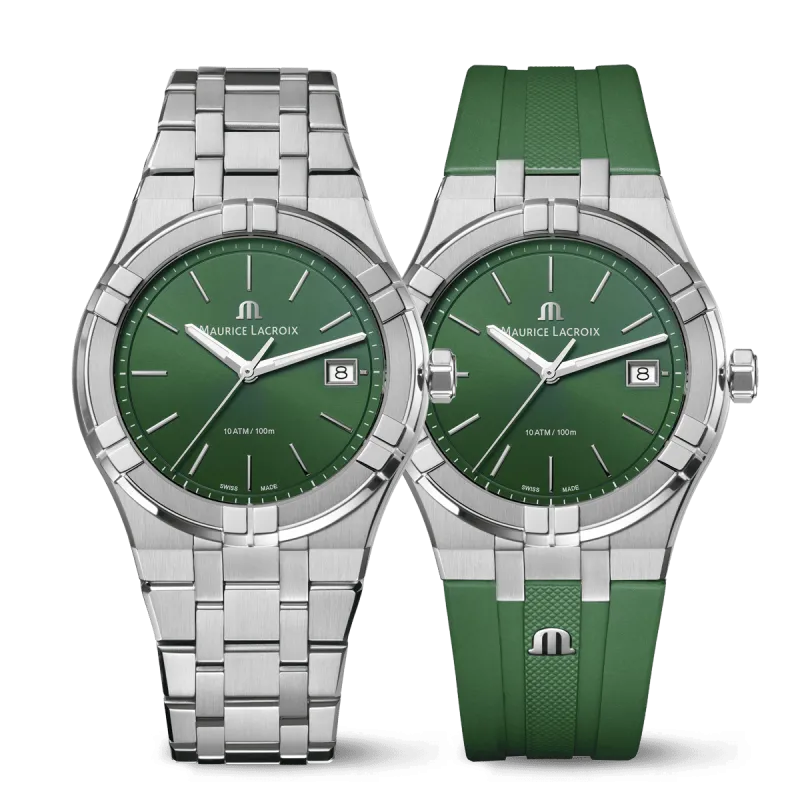Maurice Lacroix Aikon Quartz Date 40mm, Grün, inklusive Ersatzband Herrenuhr AI1108-SS00F-630-D