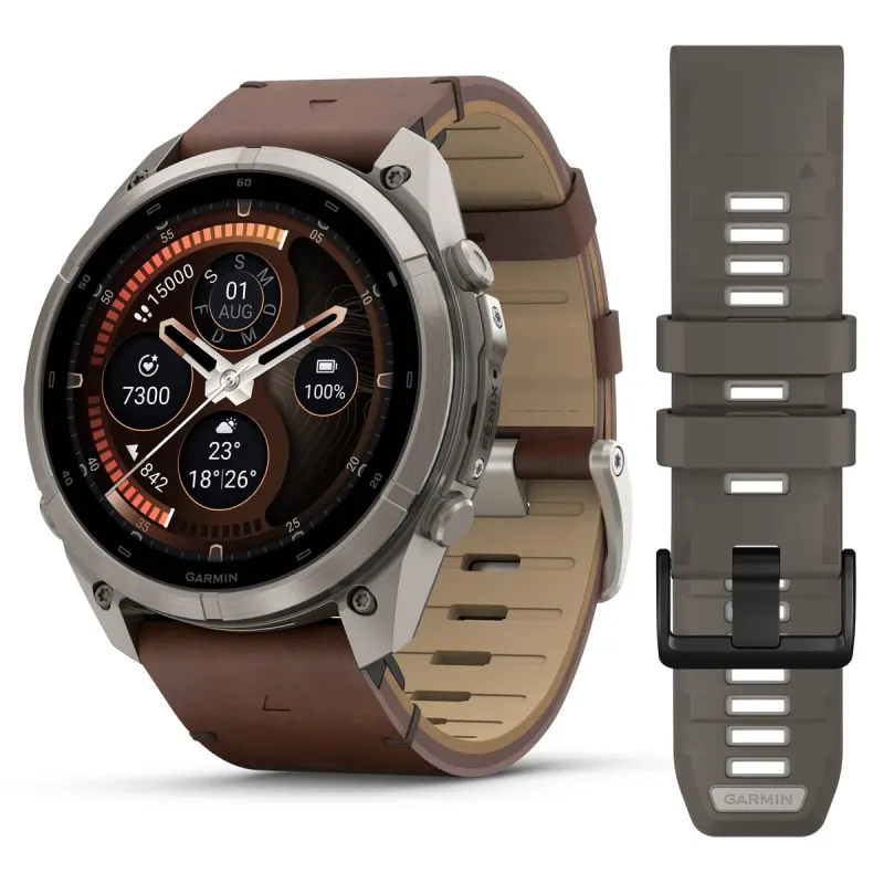 Garmin fēnix® 9 Pro inReach® - 51 mm AMOLED Sapphire Titan mit Leder-Armband Walnuss und Silikon-Armband Kieselgrau/Silbergrau 010-04337-41