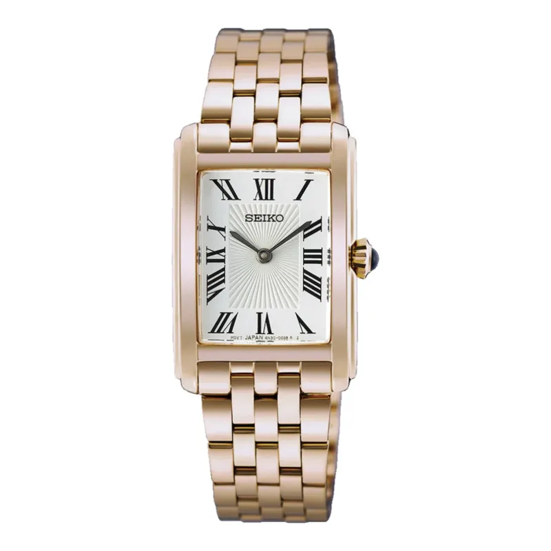 Seiko Classic Rechteckig Quarz 22 mm Roségoldfarben Weiß Damenuhr HGG002P1
