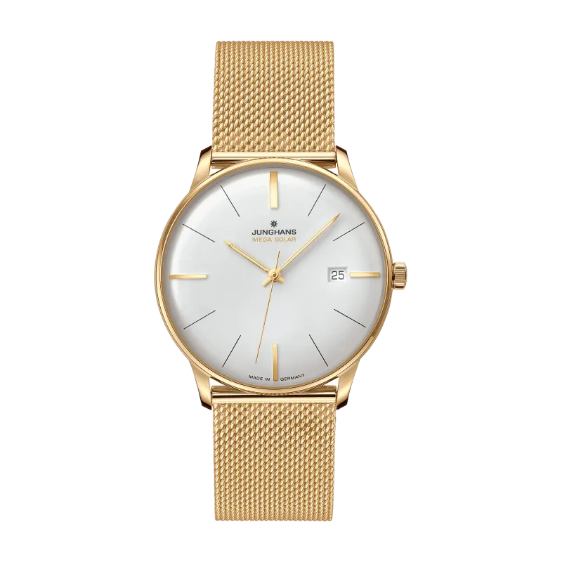 Junghans Meister MEGA Solar, Funk-Solarwerk, 38 mm, Milanaiseband Gold Herrenuhr 59/7600.46