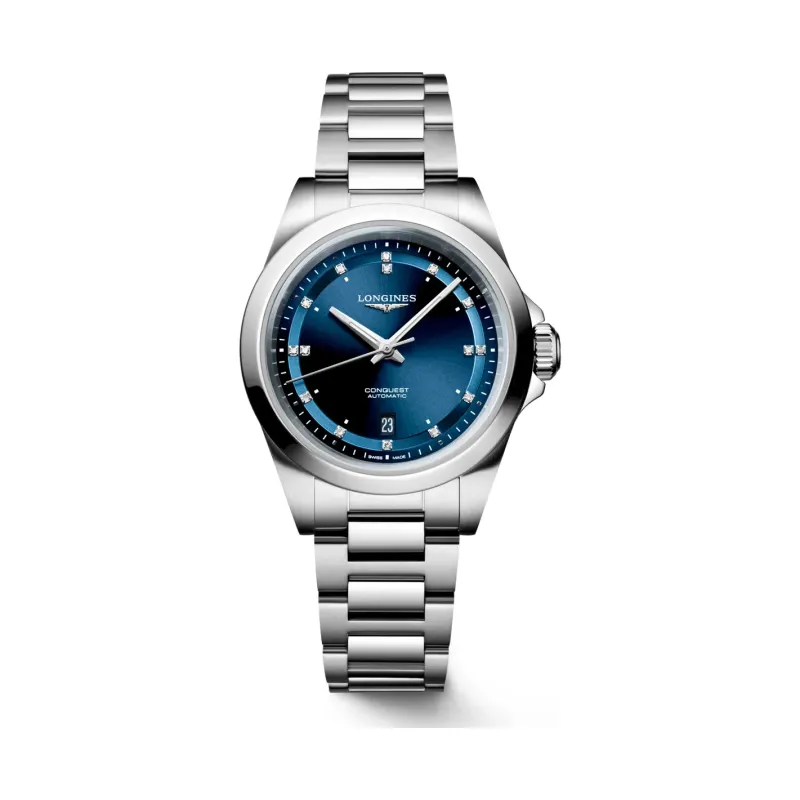 Longines Conquest Blau Diamanten Edelstahlband 30 mm Damenuhr L3.320.4.97.6