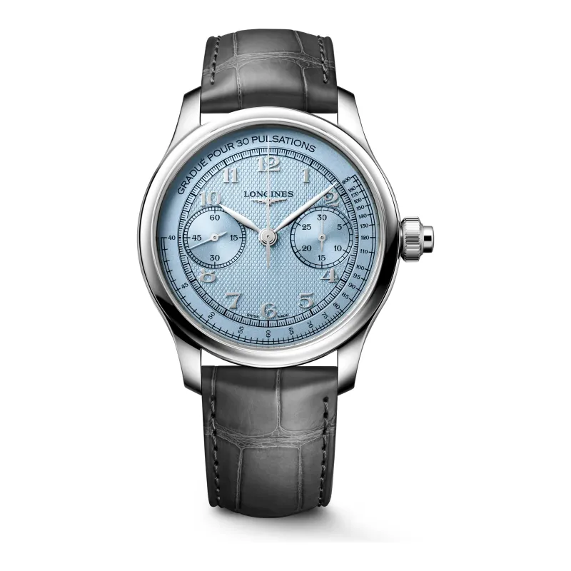 Longines Master Collection Chrono Monopusher Hellblau Lederband anthrazit 41 mm Herrenuhr L2.960.4.93.2