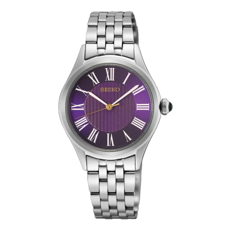 Seiko Classic Quarz 30 mm Edelstahlband Lila Damenuhr HGH004P1