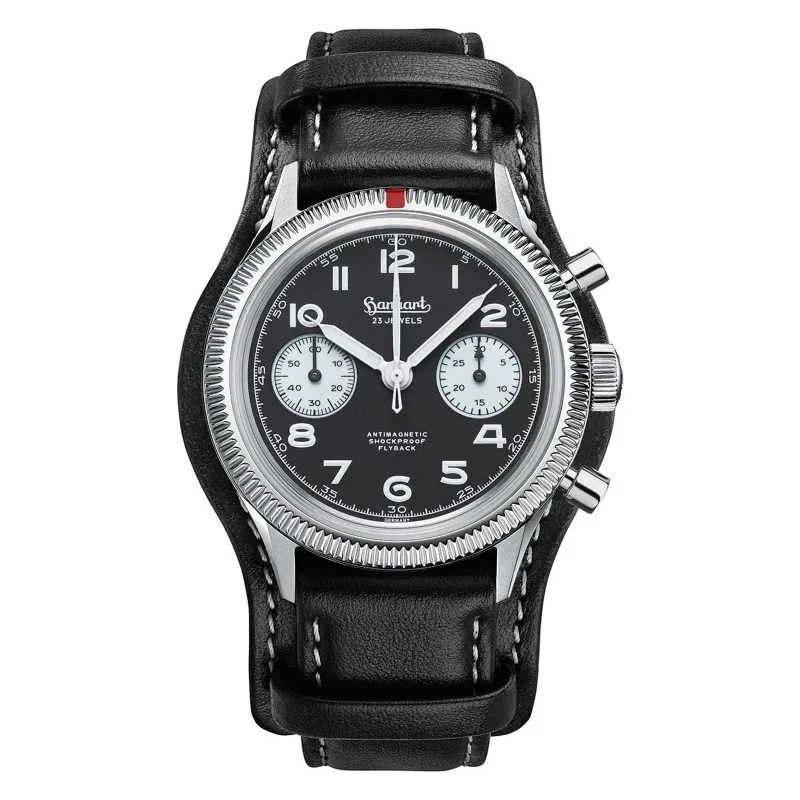 Hanhart 417 ES 1954 Flyback Reverse Panda 39 mm Lederband Schwarz Herrenuhr H701.211-7010