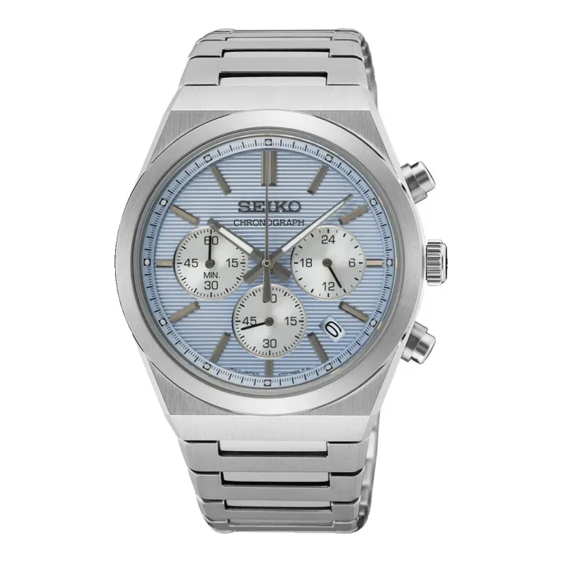 Seiko Chronograph Quarz 40 mm Edelstahlband Hellblau Herrenuhr SSB459P1