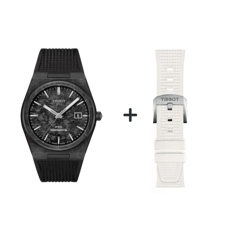 Tissot PRX 80 Herrenuhr CARBON T137.907.97.201.00 Set mit weißen Silikonband