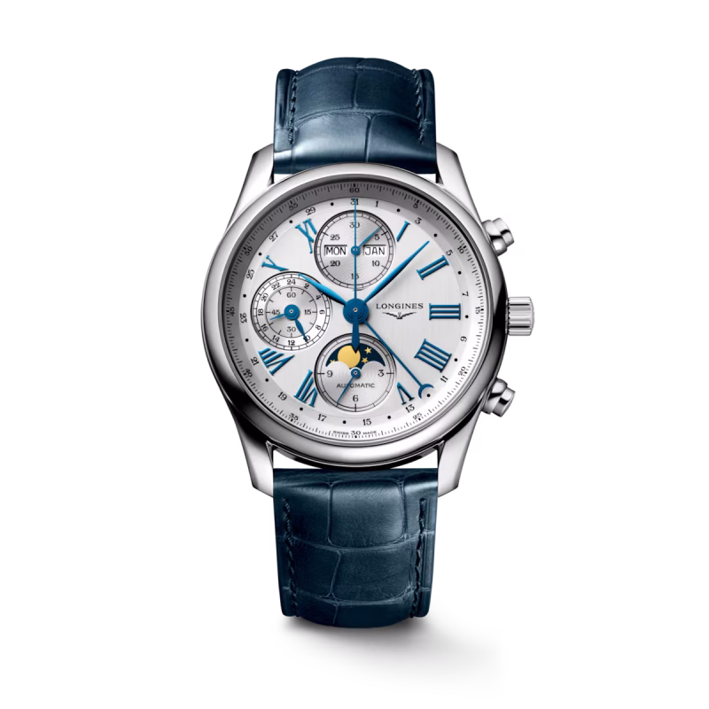 Longines Master Collection Chrono Mondphase Silber Lederband Herrenuhr L2.673.4.71.2