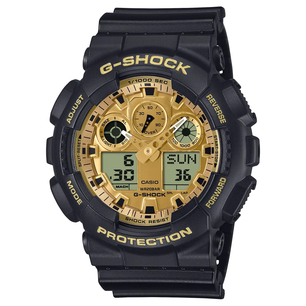 G-Shock Protection, Classic GA-100 Series, Schwarz / Gold, 55mm Herrenuhr GA-100GGB-1A9ER
