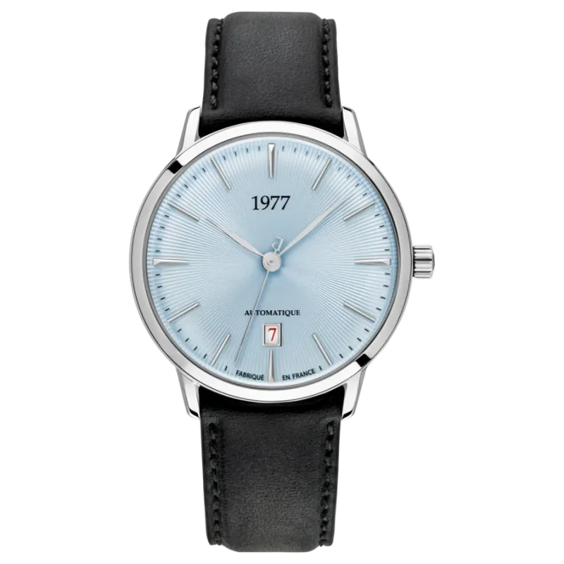 1977 EDMOND Automatik, 40 mm, Zifferblatt Gletscherblau, Lederband Schwarz, Herrenuhr 1977P01163