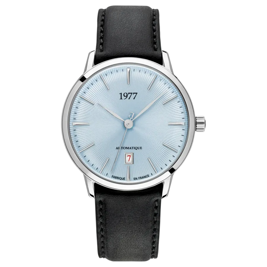 1977 EDMOND Automatik, 40 mm, Zifferblatt Gletscherblau, Lederband Schwarz, Herrenuhr 1977P01163