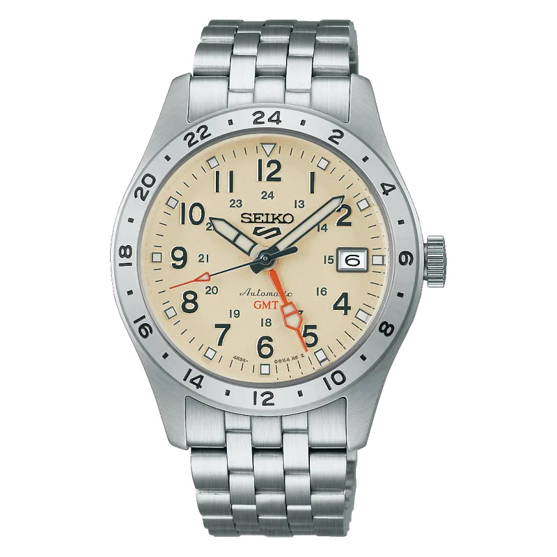 Seiko 5 Sports Automatik GMT 39mm, Edelstahl, Elfenbein Herrenuhr HDB002K1