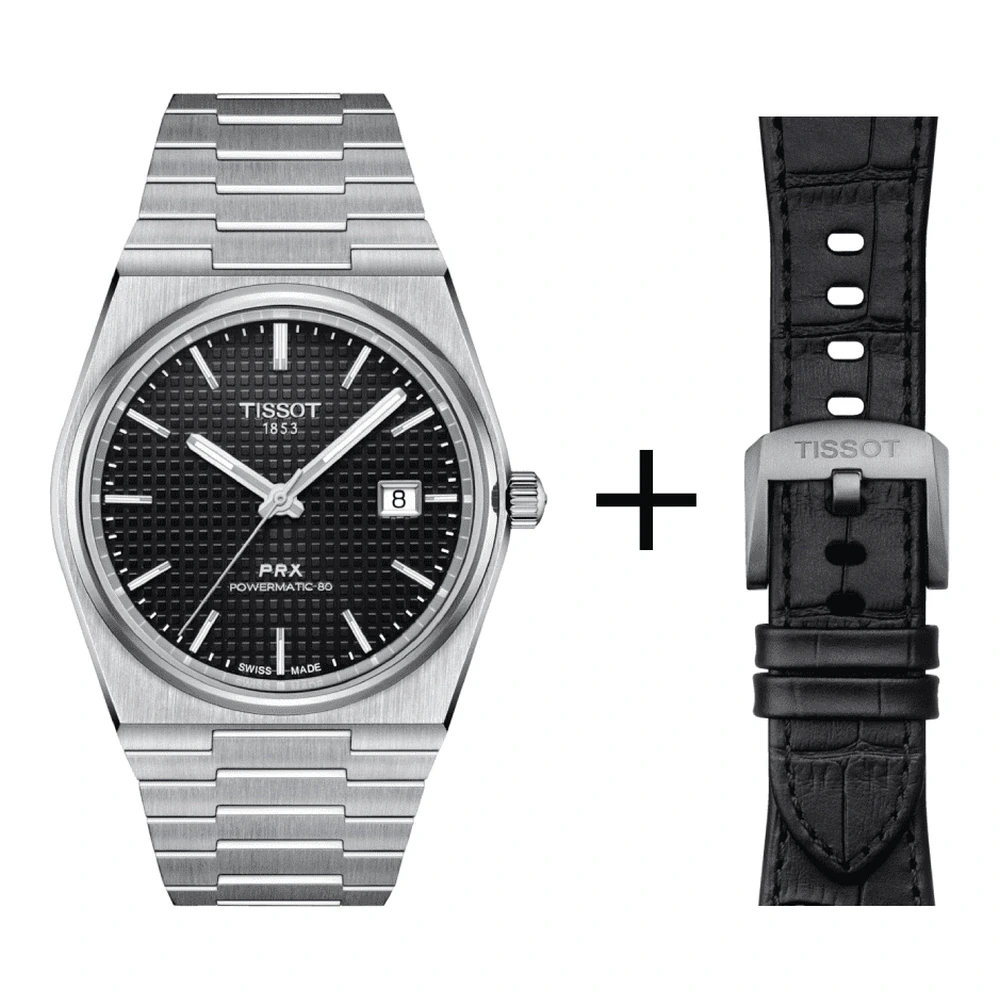 Tissot PRX Herrenuhr T137.407.11.051.00 Set mit schwarzem Lederarmband Krokooptik 