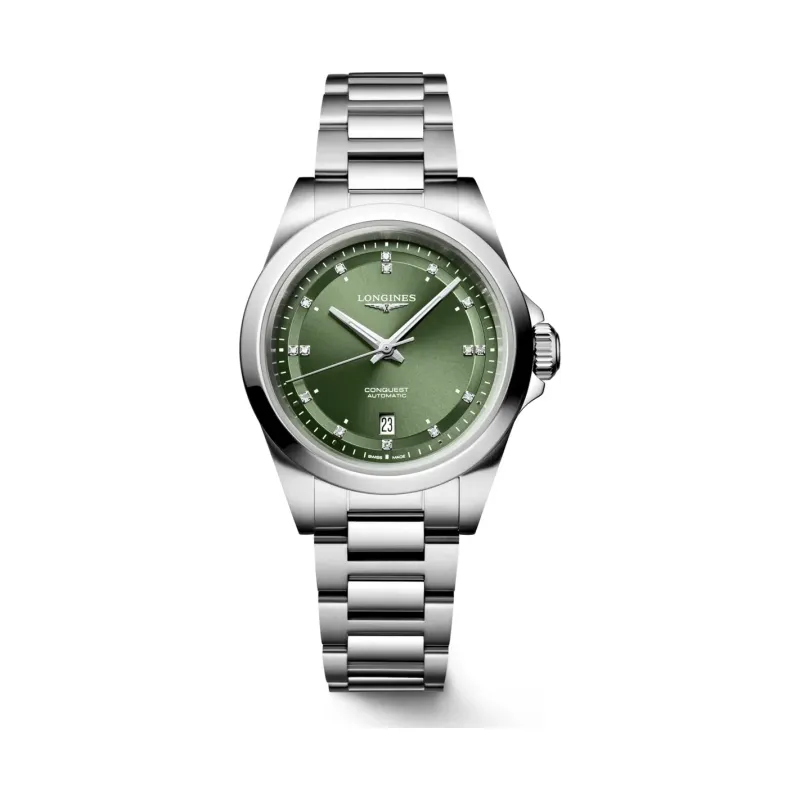 Longines Conquest Grün Diamanten Edelstahlband 30 mm Damenuhr L3.320.4.07.6