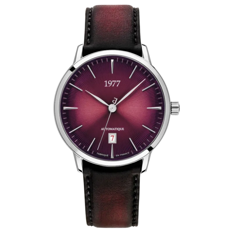 1977 EDMOND Automatik, 40 mm, Zifferblatt Weinrot, Lederband Weinrot, Herrenuhr 1977P01155