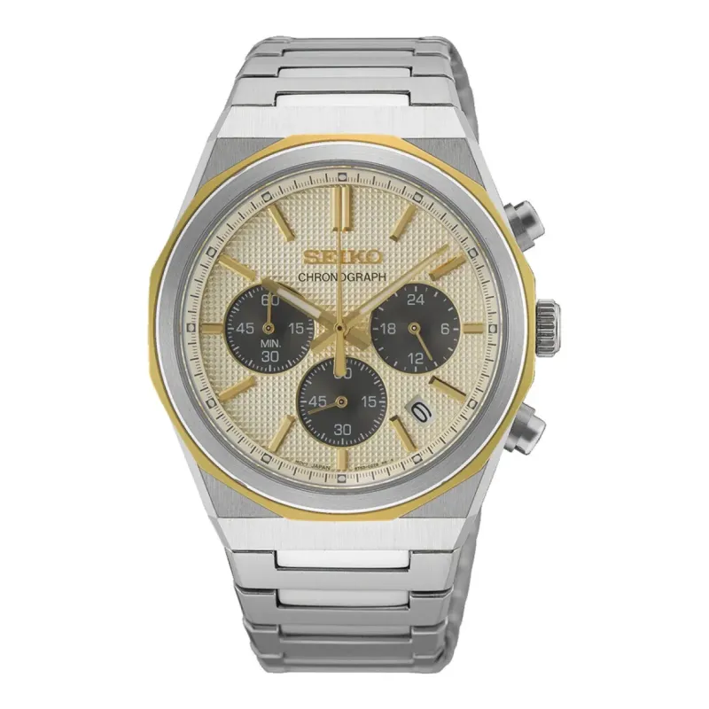 Seiko Chronograph Quarz 40 mm Edelstahlband Gold Herrenuhr HGK001P1
