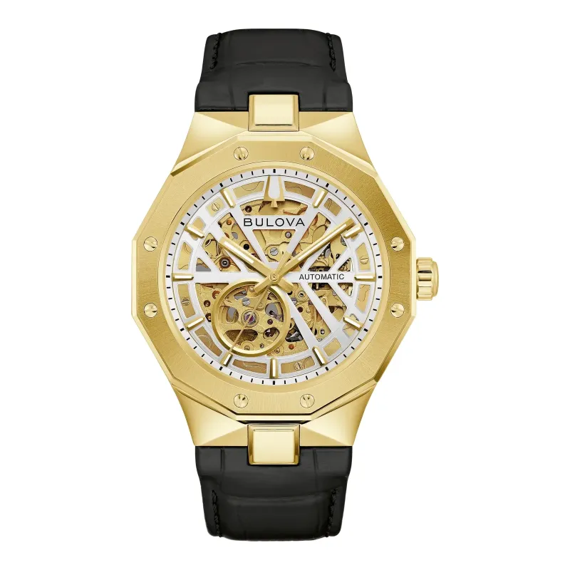 Bulova Prestige Automatik Skelett goldfarben Leder Herrenuhr 97A206