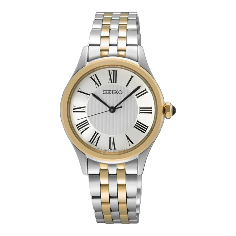 Seiko Classic Quarz 30 mm Goldfarben Silber Damenuhr SUR612P1