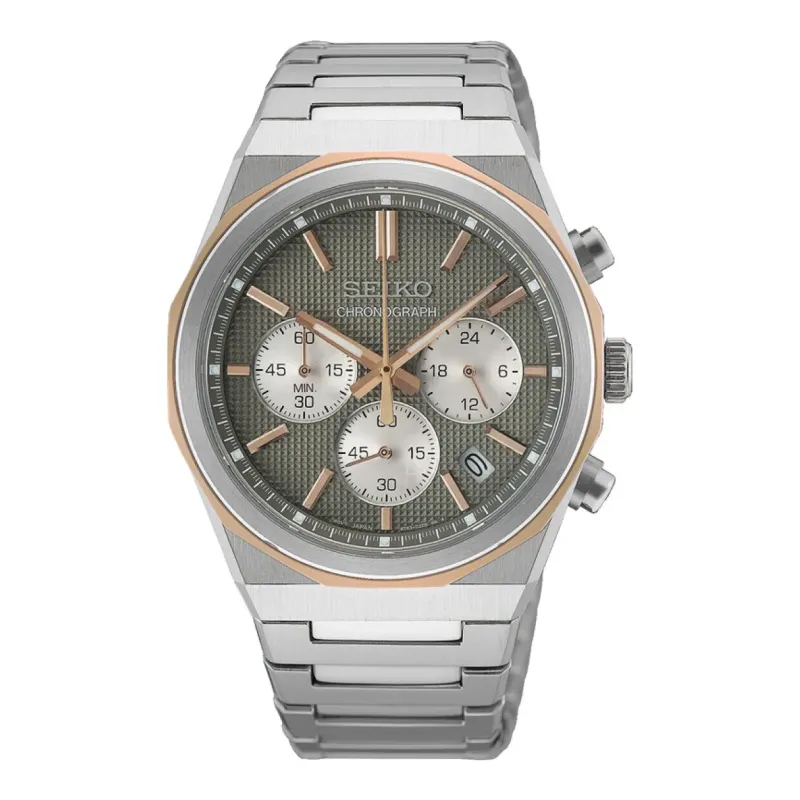 Seiko Chronograph Quarz 40 mm Edelstahlband Grau Herrenuhr HGK002P1