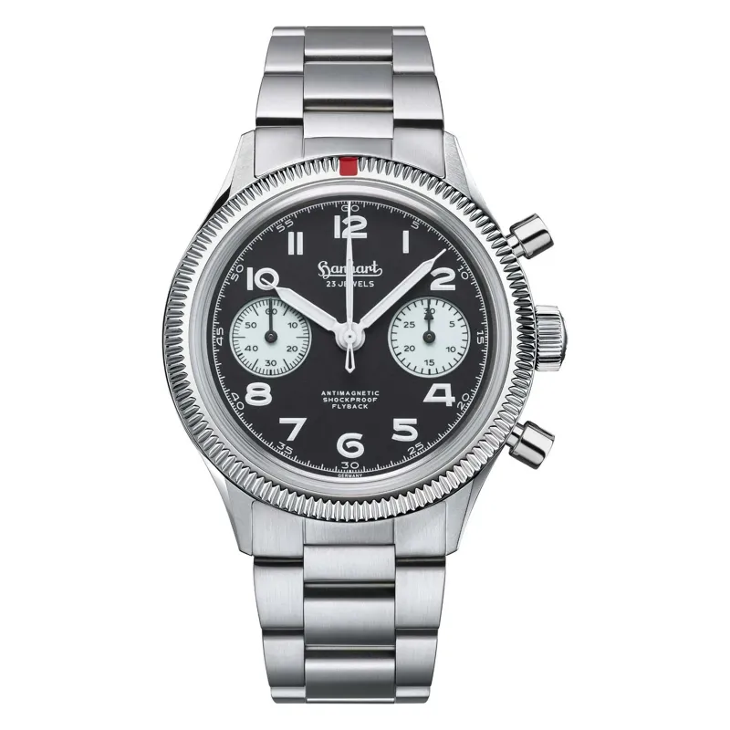 Hanhart 417 ES 1954 Flyback Reverse Panda 39 mm Edelstahlband Silber Herrenuhr H701.211-6428