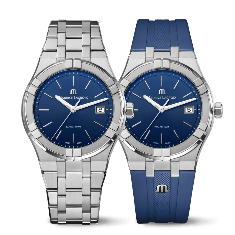 Maurice Lacroix Aikon Qartz Date 40mm, Quarzwerk,Blau, inklusive Ersatzarmband, Kautschuk und Edelstahl Herrenuhr AI1108-SS00F-430-C