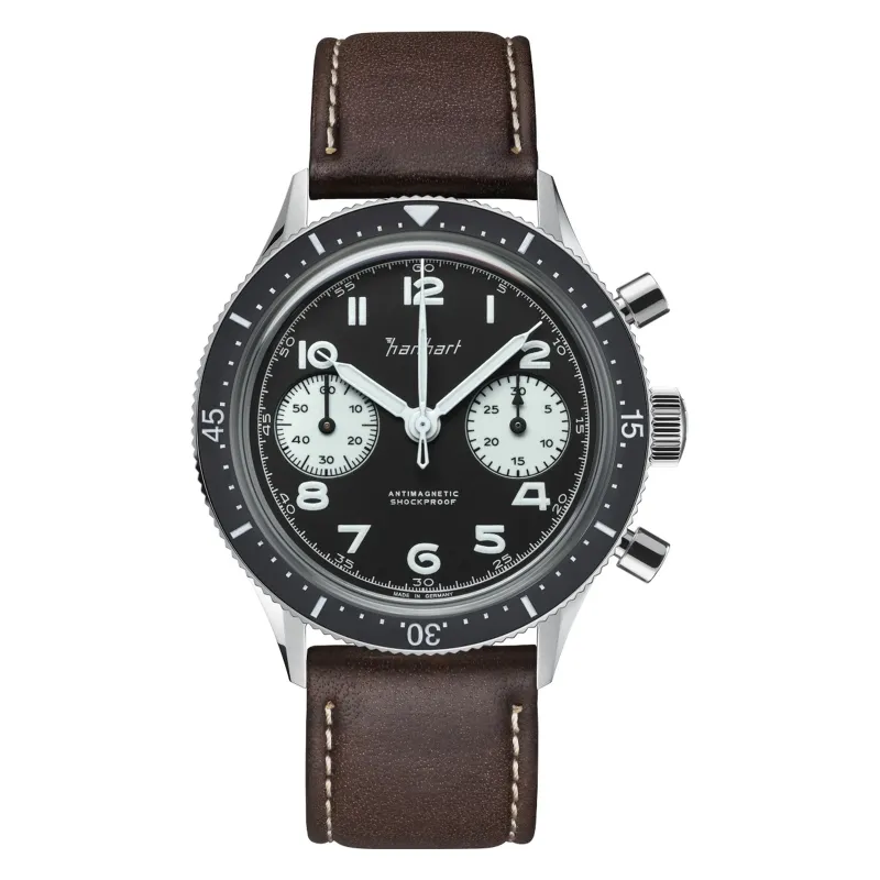 Hanhart 415 ES Reverse Panda 39 mm Lederband Dunkelbraun Herrenuhr H703.211-8110