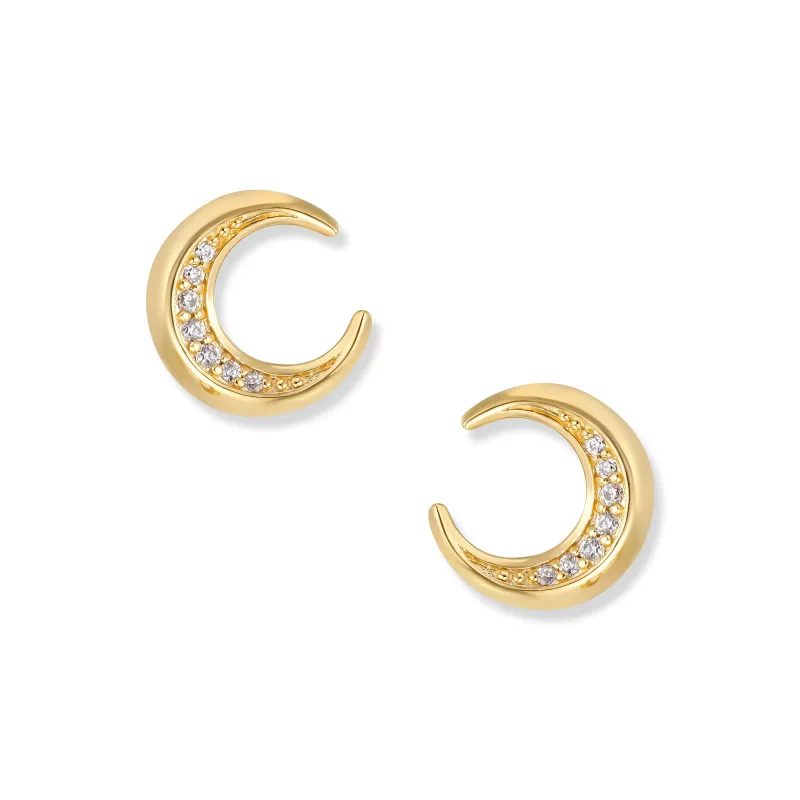 Seinerzeit Stecker Muna Gold Mond Ohrringe aus 925 Sterling Silber, 18K vergoldet und mit weißen Zirkonia