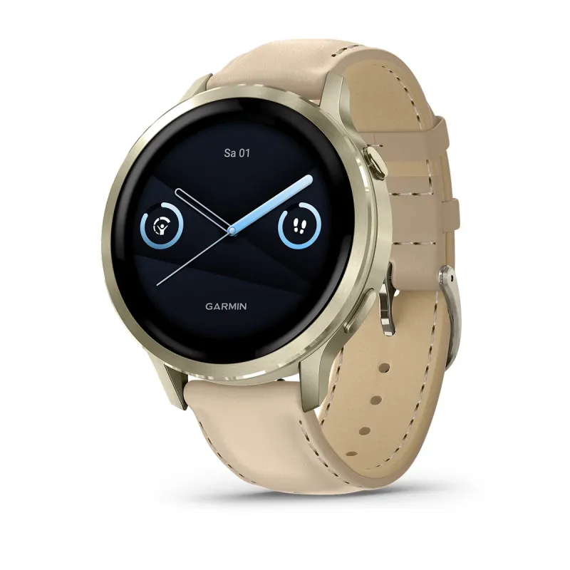Garmin Venu® 4 - 41 mm Beige/Lunargold mit Schnellwechsel-Leder-Armband 18 mm Heller Sand Unisexuhr 010-03013-03