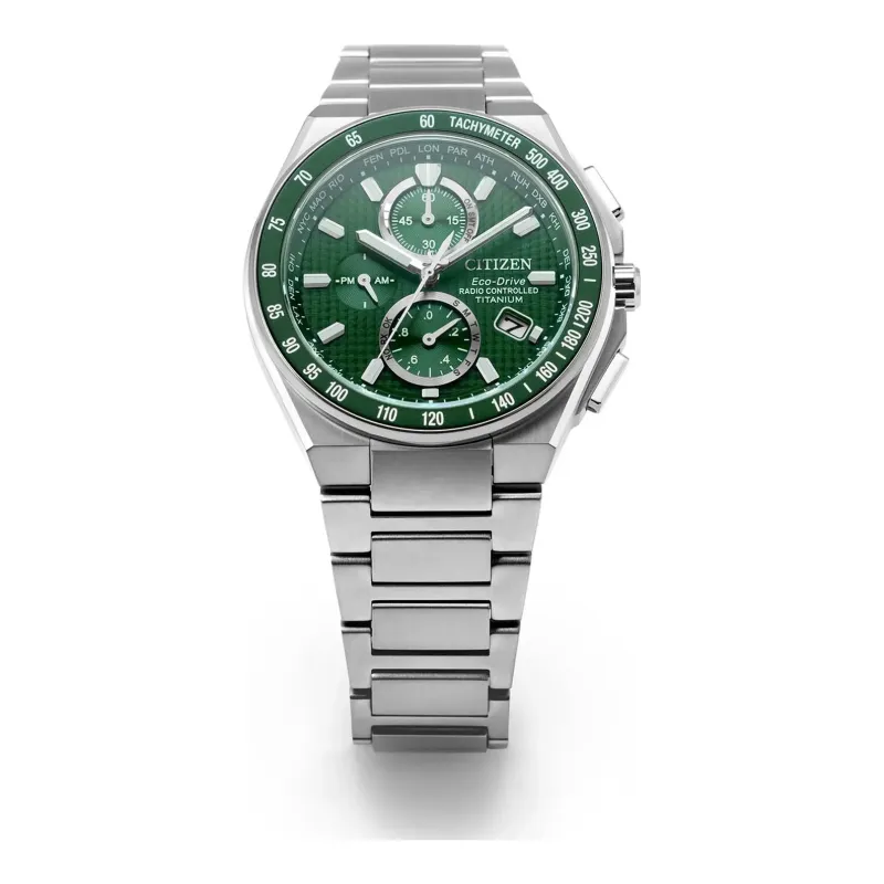 Citizen Eco-Drive Funk Chronograph Super Titanium grün Herrenuhr AT8398-53X