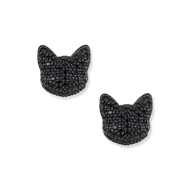 Seinerzeit Stecker Kuro Katzen Ohrringe, Sterling Silber mit schwarzen Zirkonia