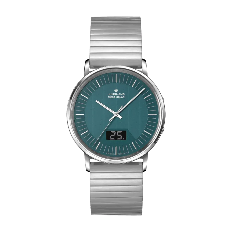 Junghans Milano Mega Solar, Edelstahlband mit Faltschließe, Multifrequenz-Funk-Solarwerk Herrenuhr 56/4621.44