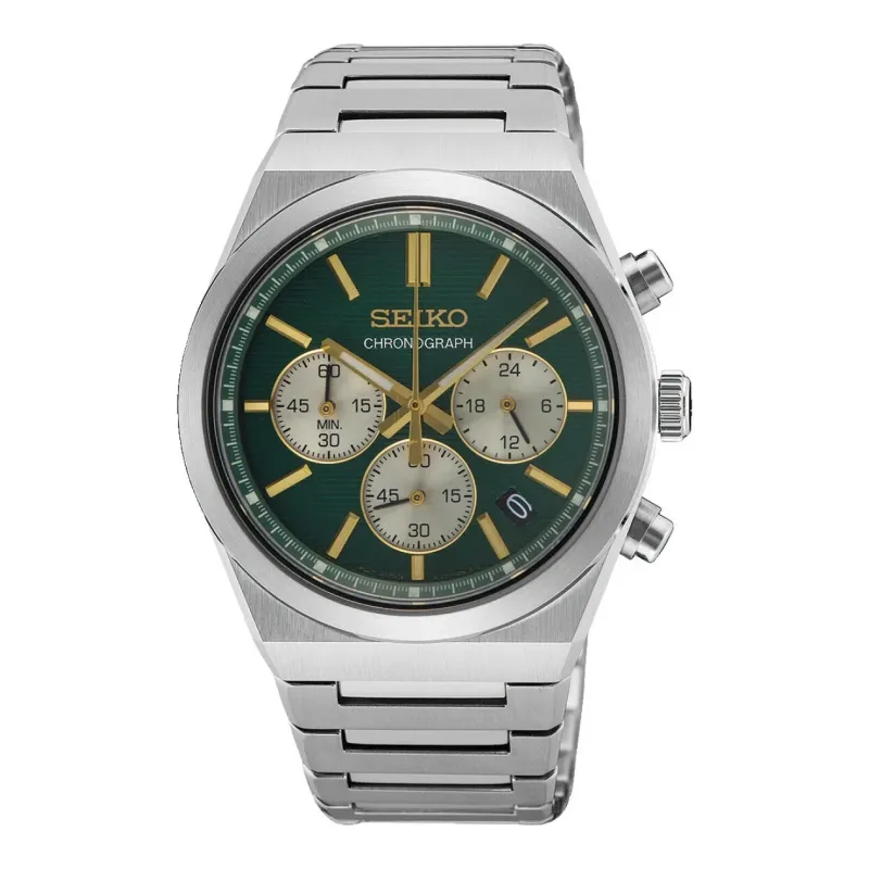 Seiko Chronograph Quarz 40 mm Edelstahlband Grün Herrenuhr SSB461P1