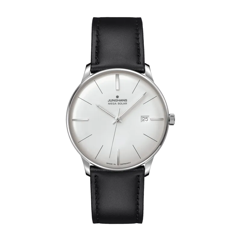 Junghans Meister Mega Solar, Schwarzes Lederband mit Dornschließe, Funk-Solarwerk Herrenuhr 59/4603.02