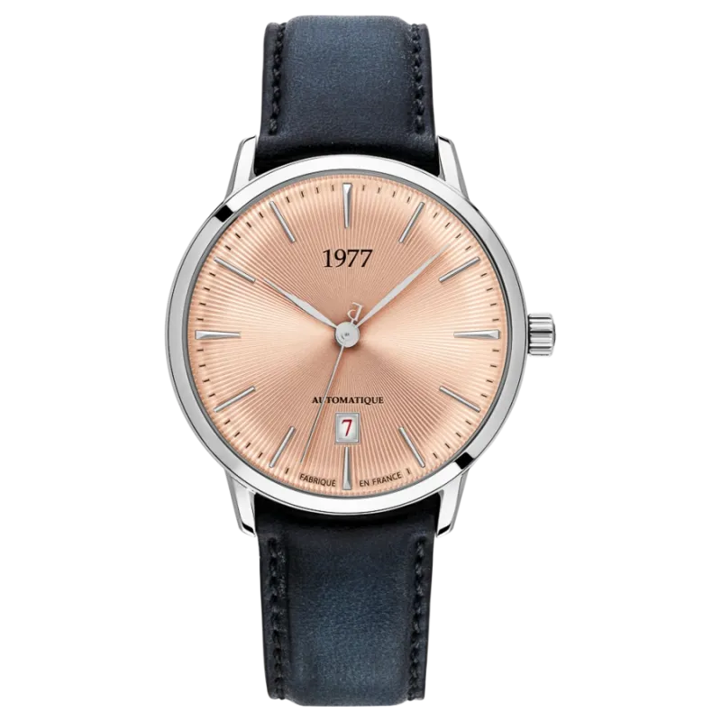 1977 EDMOND Automatik, 40 mm, Zifferblatt Lachs, Lederband Schwarz, Herrenuhr 1977P01156