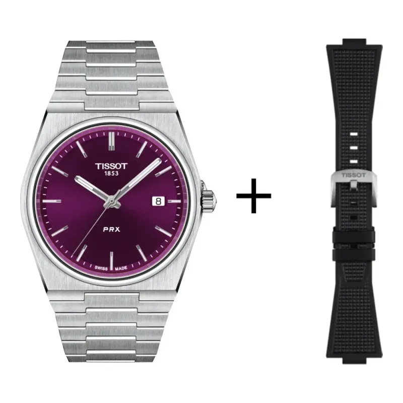 Tissot PRX 40mm Lila, Quarzwerk, Edelstahl, Saphirglas Herrenuhr T137.410.11.401.00 Set mit schwarzem Kautschukband 