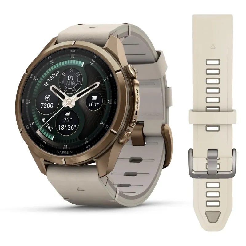 Garmin fēnix® 9 Pro inReach® - 43 mm AMOLED Sapphire Autumn Gold Titan mit Leder-Armband Bone und Silikon-Armband Creme/French Gray 010-04335-41
