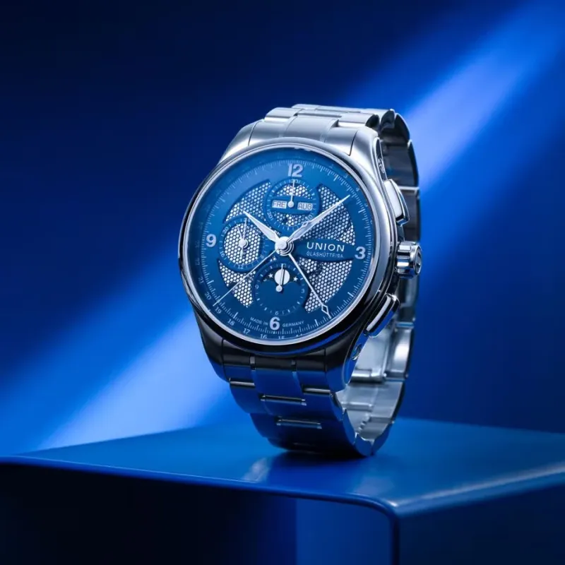 Union Glashütte skelettiertes Zifferblatt blau Belisar Chronograph D014.425.11.042.00