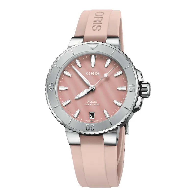 Oris Aquis Date 36,5mmKautschukband Perlmutt Rot Damenuhr 01 733 7770 4158-07 4 18 66FC