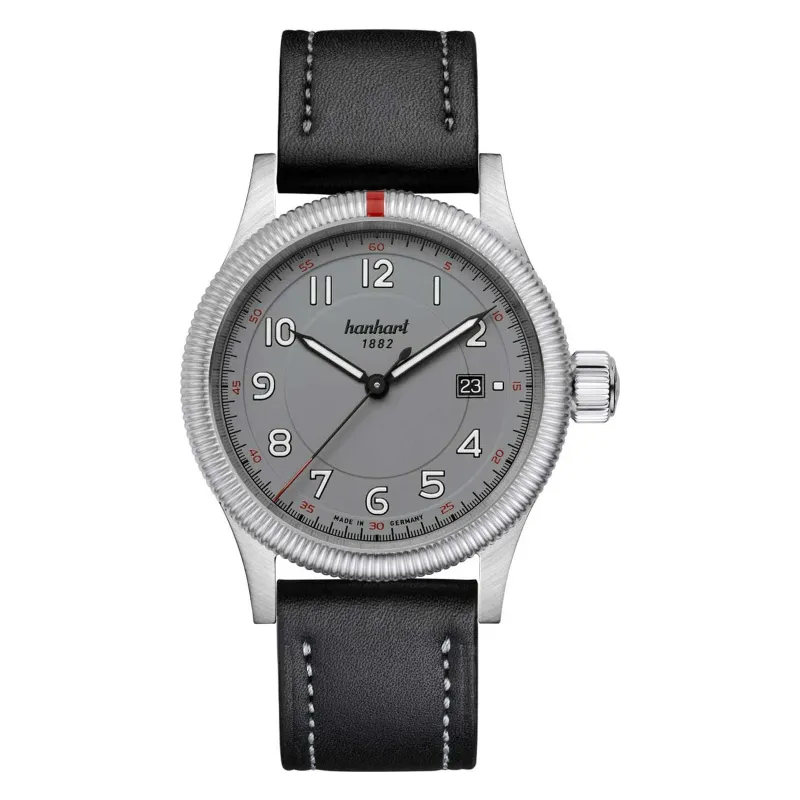 Hanhart PIONEER One grau 42 mm Lederband Schwarz Herrenuhr 762.240-7010