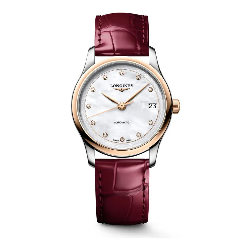 Longines Master Collection Perlmutt Diamanten Bicolor Roségold Lederband bordeaux 34 mm Damenuhr L2.450.5.89.2