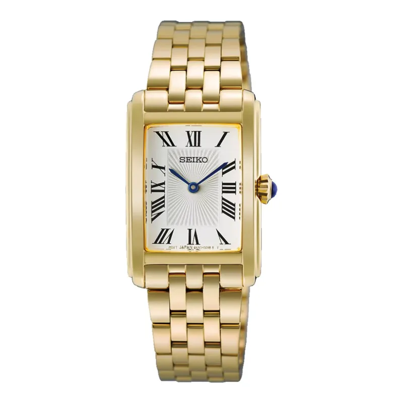 Seiko Classic Rechteckig Quarz 22 mm Goldfarben Weiß Damenuhr HGG001P1