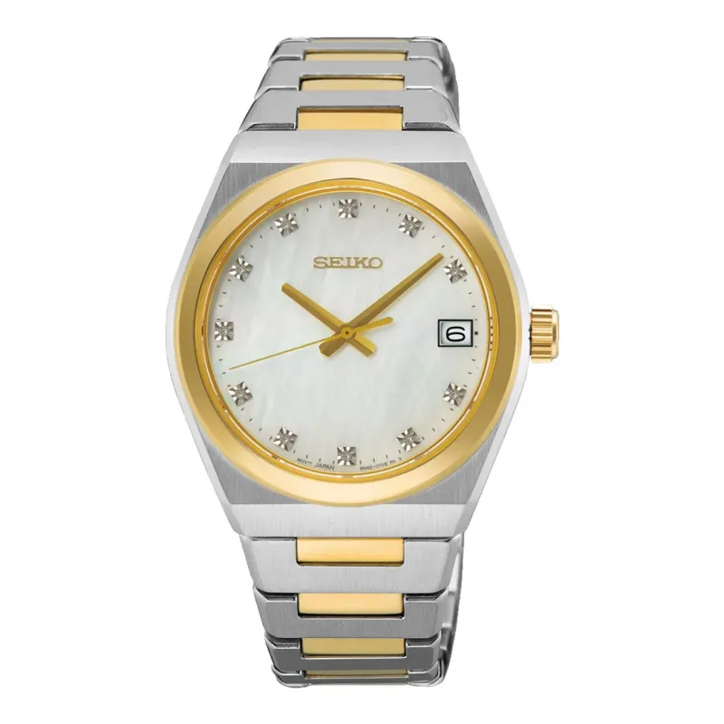 Seiko Classic Perlmutt Diamant Quarz 34 mm Goldfarben Damenuhr SUR604P1